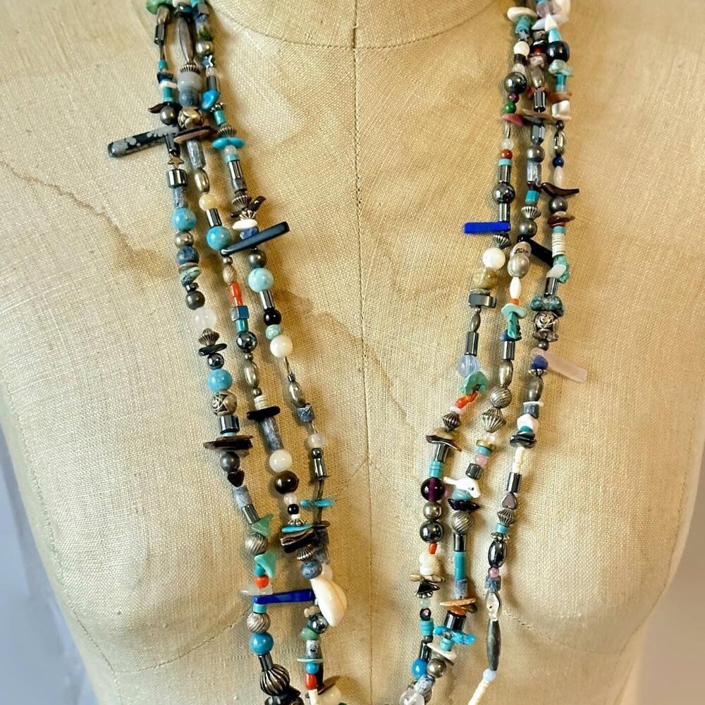 Beaded Necklace, Native American, Sterling Silver, Turquoise, Stone, 3 Strands